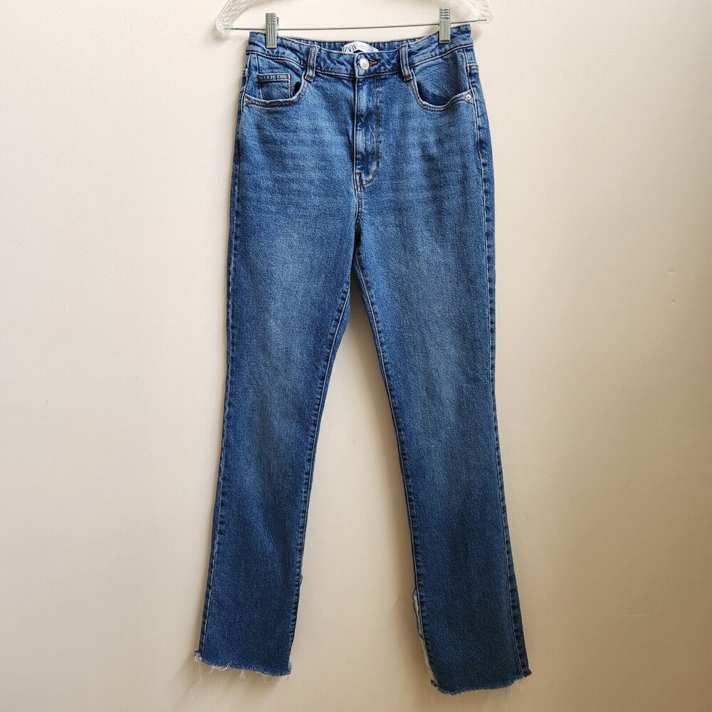 Zara Jeans Women's 6 Ankle Slit Raw Hem Straight Leg Distressed 5 Pockets Jeans